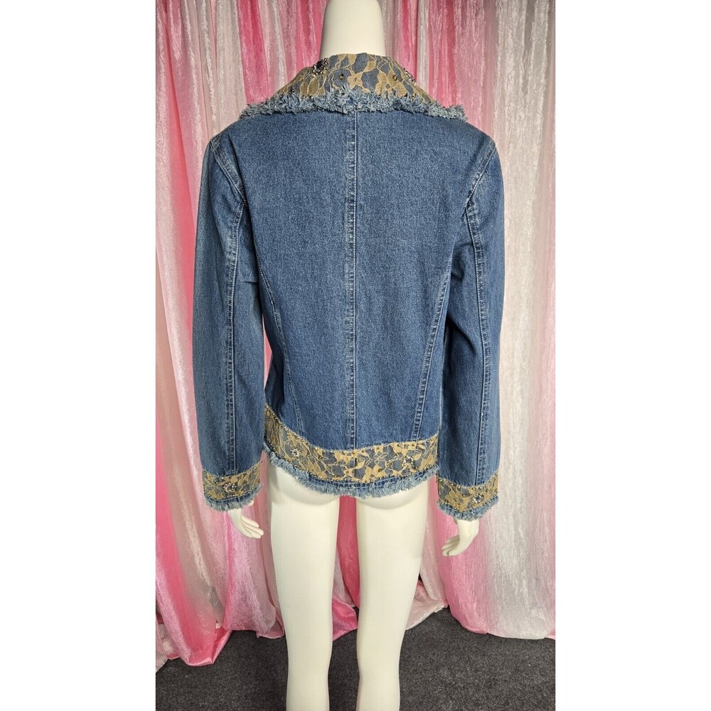 Step In Style Y2K Unique Denim Lace Studded  Rhinestone Jean Jacket Size Large - Picture 13 of 16